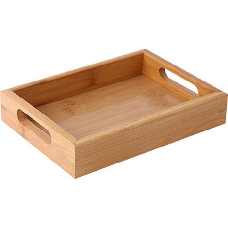 Bandeja rectangular pequeña de bambú con asas integradas y bordes antivuelco, ideal para servir el desayuno en la cama o en el salón. (1/5)