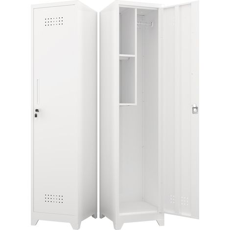 Armoire de rangement pour balais en métal blanc, haute et étroite, avec porte verrouillable, barres réglables et 4 compartiments pour cuisine, buanderie, bureau CHICFURN (1/5)