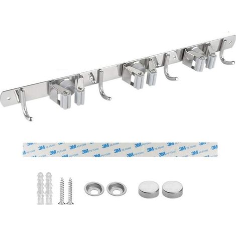 Porte Balai Mural, Acier Inoxydable, Porte Balai Adhésif avec Crochet, Armoire à Balai Multifonctionnelle pour Cuisine, Jardin, Salle de Bains, Garage, Balcon, Bureau