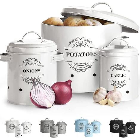 Ensemble de 3 pots à ail et à oignons en métal avec paniers à pommes de terre, pot à oignons et bocal à ail. Bocaux de rangement en métal ventilés. (1/4)