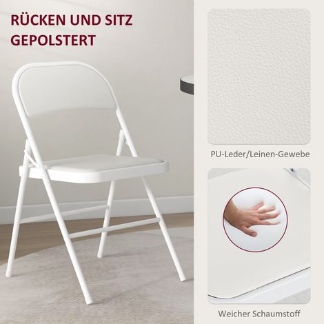 Lot de 4 fauteuils pliants, sièges de travail légers, piètement métallique, parfaits pour l'espace professionnel, l'accueil ou la salle d'attente, garniture en cuir synthétique blanc.