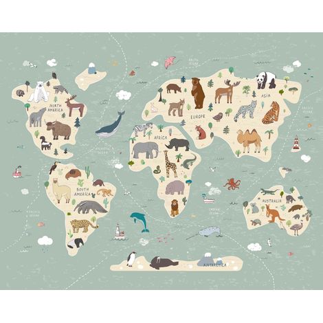 papier peint panoramique carte du monde pour enfants bleu gris et beige - Sanders & Sanders (1/4)