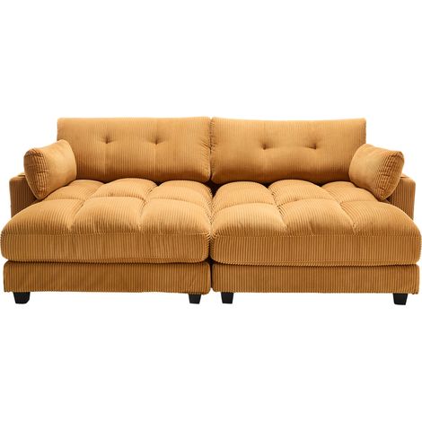 Canapé 2 places en velours côtelé moutarde – séparable en 2 fauteuils, avec 2 coussins, 4 porte-gobelets et 4 poches latérales – pour salon, chambre et bureau (1/5)