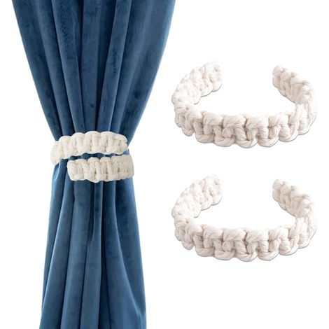 Lot de 2 Attaches Rideau Tressés Style Bohème en Corde, 25x2 cm Embrasse de Rideaux, Pince pour Rideaux Décorative Maison Bureau Chambre Intérieur Extérieur Blanc (1/5)