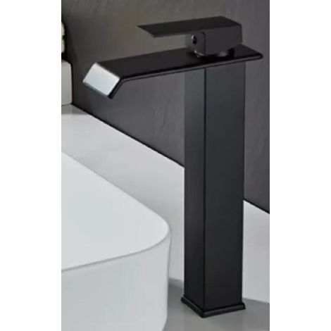 Robinet de salle de bain style cascade – Mitigeur eau chaude/eau froide monotrou – Bec droit – Haut – Noir : 17 x 6 x 30,5 cm (1/5)