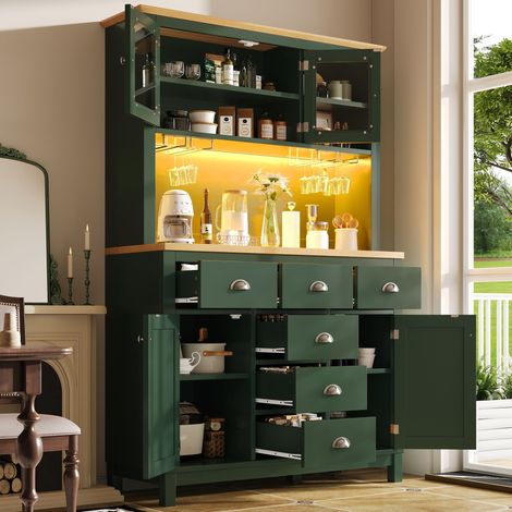 ELVMI Buffet de Cuisine Haut avec 4 Portes et LED et Porte-Bouteilles pour Cuisine en MDF 104 x 40 x 180 cm Vert