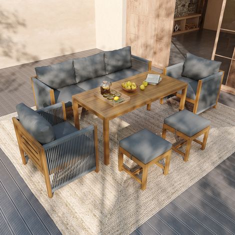Ensemble Salon de Jardin 7 Places en Polyester avec Canapé 3 Places, 2 Fauteuils, 2 Tabourets, Table et Coussins, Gris (1/5)