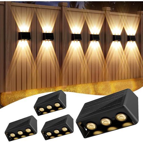 IP65 Applique Murale Exterieur Solaire avec Effets Lumineux Bidirectionnels, 6 LEDs, Lot de 4 Applique Solaire Exterieur avec 13 Modes pour Jardin, Mur, Clôture, Terrasse, Batterie 1200 mAh (1/5)