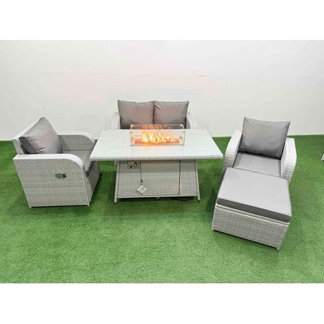 Fimous Light Grey PE Wicker Rattan Garden Furniture Set Sofa Set Reclining Chair Firepit Dining Table 5 Seater With Footstool (1/4)