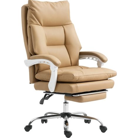 Silla de oficina ergonómica de polipiel marrón claro con soporte lumbar y reposapiés (1/4)