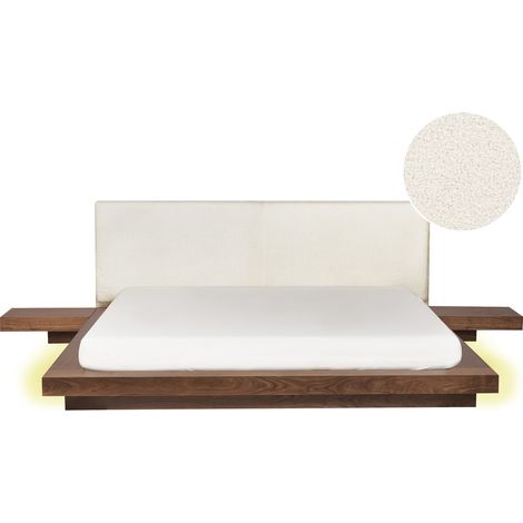 Cama moderna 180 x 200 cm con plataforma con LED mesitas de noche cabecero de bouclé madera de fresno marrón Zen