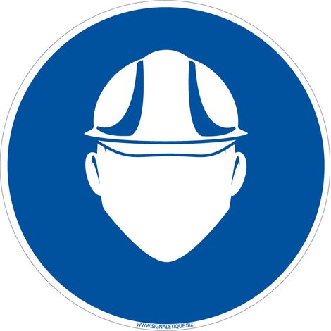 Panneau d'obligation Port du casque de protection obligatoire. Obligation Signalisation EPI. Autocollant, PVC, Alu - Adhésif - Diamètre 350 mm