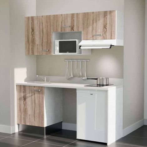 Kitchenette K55L - 180 cm - plan monobloc évier intégré Snova- évier à gauche - Façades Bois + Electroménager inclus coloris Blanc