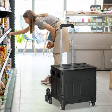 Chariot de courses, chargeable jusqu’à 65 kilos, poignée télescopique, pliable, monte-escaliers, noir