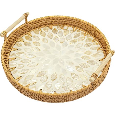 Plateau de service en rotin avec poignées, plateau décoratif en osier tissé à la main, plateau de rangement rond pour petit-déjeuner, boissons, collations, desserts, pain, bougie, fruits (1/5)