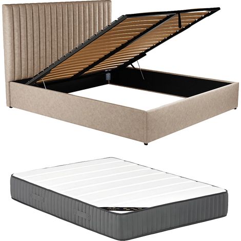 Lit coffre 160 x 200 cm avec tête de lit coutures verticales - Tissu - Taupe + Matelas - SARAH (1/5)