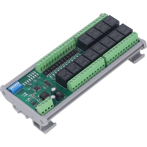 Module relais Modbus RTU RS485 12 canaux DI-DO, montage rail DIN, modèle 10IOA12, alimentation 12V, boîtier renforcé avec protection bulle, idéal pour automates industriels. (1/5)