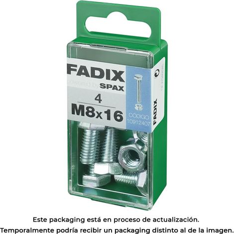 Caja de 4 unidades de tornillo métrico con cabeza hexagonal y tuerca en cinc M 8x16mm Fadix (1/3)