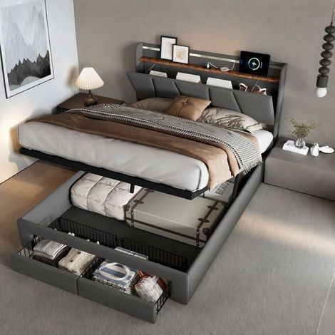 Bett 160x200 cm, Bett mit Stauraum 160x200 cm, LED und 2 Schubladen, Aufbewahrungsbox, Bettgestell 160x200 cm, Bett für 2 Personen, Stoff, Grau