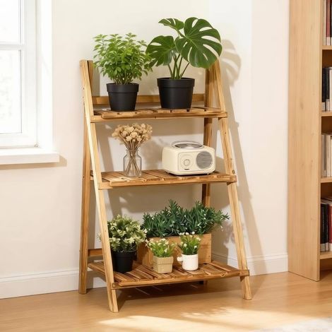 Étagère pliante pour plantes en bois de sapin à 3 niveaux 60 x 37 x 93 cm marron OKWISH (1/5)