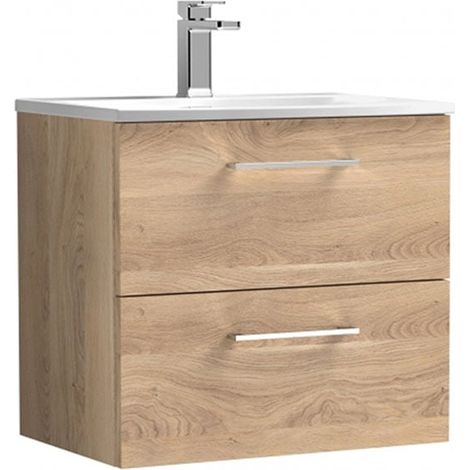 Nuie Arno Bleached Oak Woodgrain 600mm Wall Hung 2 Drawer Vanity Unit and Curved Ceramic Basin - ARN3024G (1/5)