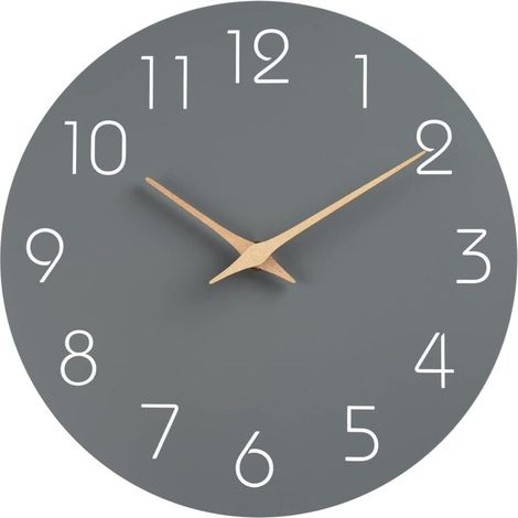 ZVD Reloj de pared silencioso sin tictac, decorativo para cocina, dormitorio, baño, oficina y salón. Funciona con pilas. 25 cm. Madera. Moderno y sencillo (gris). (1/4)