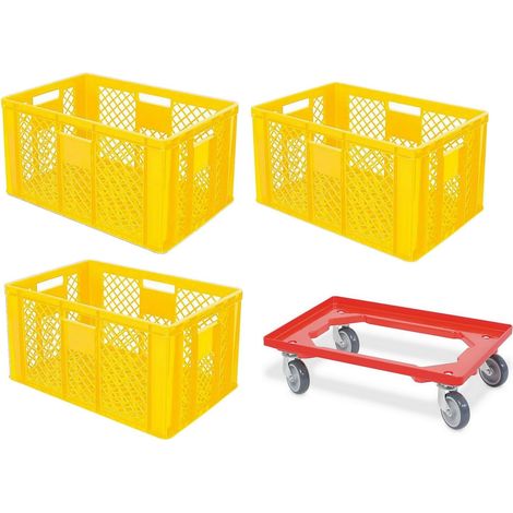 BRB Lot de 3 récipients euros ajourés, qualité alimentaire, 600 x 400 x 320 mm, avec chariot de transport (jaune)