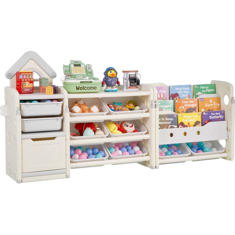 Meuble de rangement jouets enfant à 4 niveaux avec bibliothèque, étagère d'organisateur de jouets avec 10 bacs en plastique amovibles, pour salle de jeux, salle de classe, crèche, gris et beige (1/5)