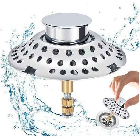 Bouchon de baignoire 2-en-1 avec filtre à cheveux, hauteur réglable, grille d'évacuation anti-blocage en laiton chromé antirouille (1/5)