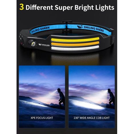 Smiling Shark Lampe Frontale, 2 Pièces 230°Angle Large 3LED Bandes Lumineuses Multi-Couleurs Rechargeable et Capteur de Motion Étanche pour le Camping la Randonnée, Lampe-Frontale-LED-Camping-Light [C (1/3)