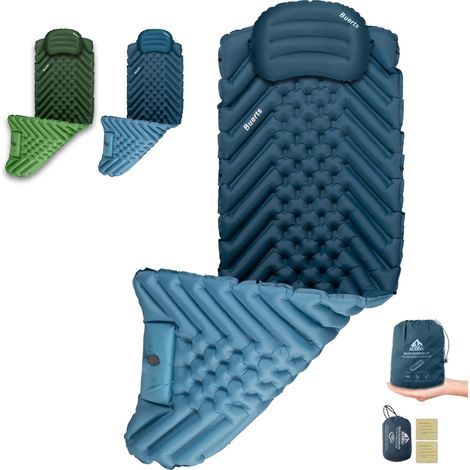 Matelas de Camping Auto-gonflant et Coussin Gonflable. Kit avec Pompe à Pied intégrée. Gonflage Rapide en 30 Secondes. Convient pour Le Camping en Plein air, la randonnée. Bleu (Rectangle) (1/5)