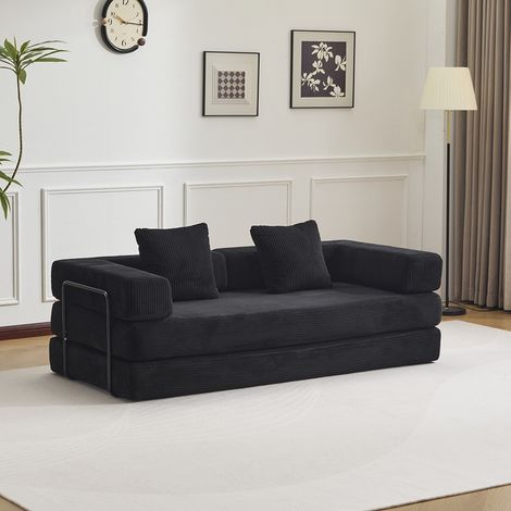 Canapé-lit compressible en cordure noir, 3-en-1 Pas d'assemblage nécessaire Canapé de plancher pliable, Canapé Loveseat pour petits espaces dans le salon