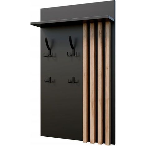 Porte-manteau mural 100x60 cm Noir avec lattes en chêne Wotan– Rangement mural pratique pour entrée (1/4)
