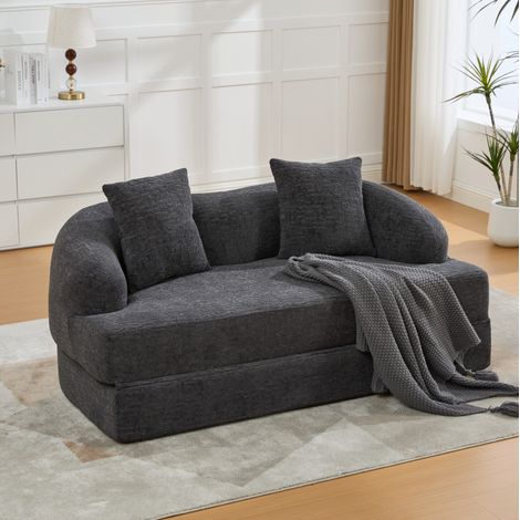 Sofá cama de 2 plazas en chenilla con 2 cojines, desplegable, gris oscuro DESVIAE (1/5)
