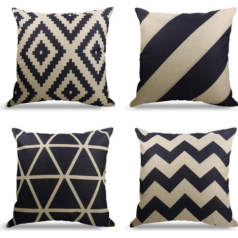 Lot de 4 Housse de Coussin Canapé Taie d'oreiller Decoration Canapé Housses de Coussin en Lin d'extérieur Housse de Coussin Décoration pour Chambre, canapé, Lit,Jardin (Black-beige, 45x45cm) (1/5)