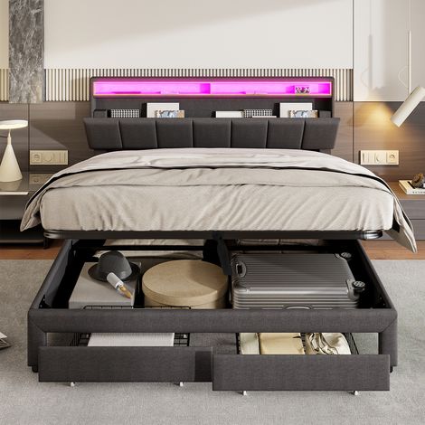 Lit coffre 180x200 cm - Lit double avec tête de lit escamotable, LED & tiroirs de rangement - Lin - Gris