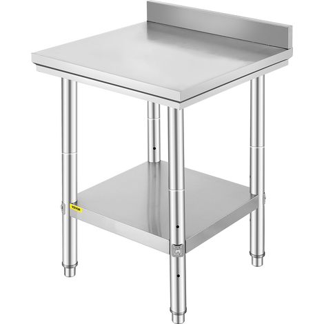 Table de travail inox 60x60x88 cm, plan de travail cuisine à 2 niveaux avec étagère réglable et dosseret (1/5)