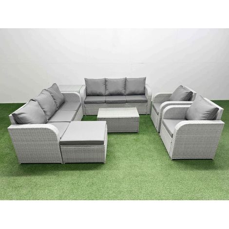 Fimous PE Rattan High Back Lounge Sofa Set Patio Coffee Table & Chairs Set with 3 Seater Sofa Reclining Chair Big Footstool Side Table Light Grey (1/4)