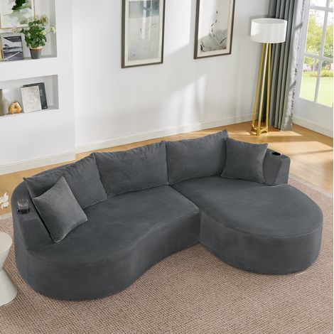 3-Sitzer Sofa Grau aus Schaumstoff mit Kordbezug, Chaiselongue rechts und Getränkehaltern (1/5)