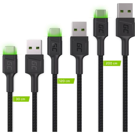 Green Cell Set 3x Câble USB-C GC Ray 30cm, 120cm, 200cm avec rétroéclairage LED vert, charge rapide UC, QC 3.0 (1/3)