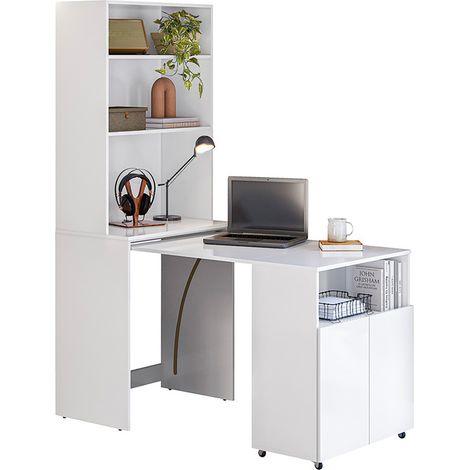 Bureau rétractable avec bibliothèque et espace de rangement intégrée coloris Blanc - Longueur 175 x Hauteur 136 x Profondeur 69,5 cm (1/5)