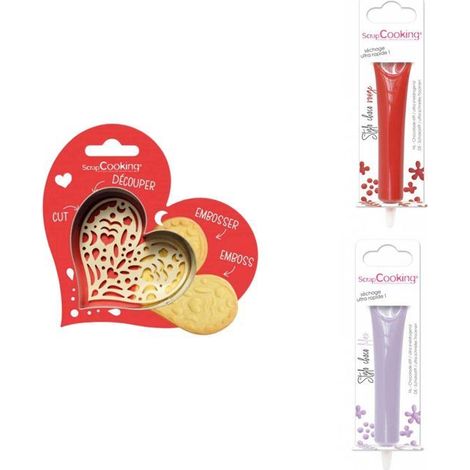 Kit pour biscuit en relief Coeur + 2 Stylos au chocolat rouge et lilas (1/3)