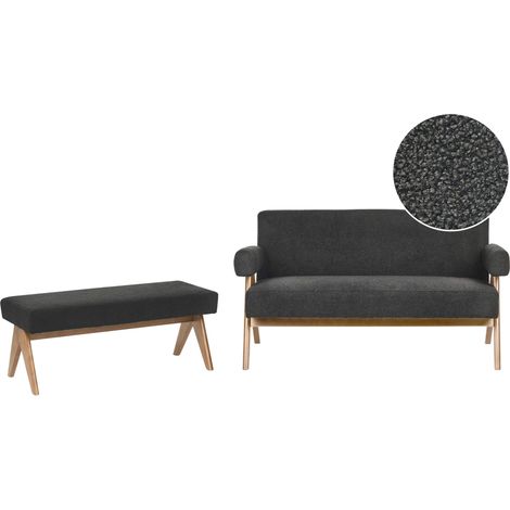 Ensemble de Salon Rétro Canapé 2 Places et Banquette Pieds en Bois Marron Foncé Revêtement Rembourré Bouclé Noir Tamre (1/5)