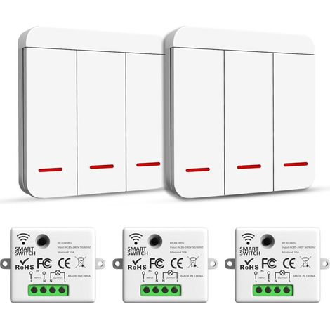 Wireless Switch, RF Transmitter Security Switch and Receiver Controller - 2200W/10A Smart Light Switch, Indoor 30-50M, 433Mhz Radio Transmitter