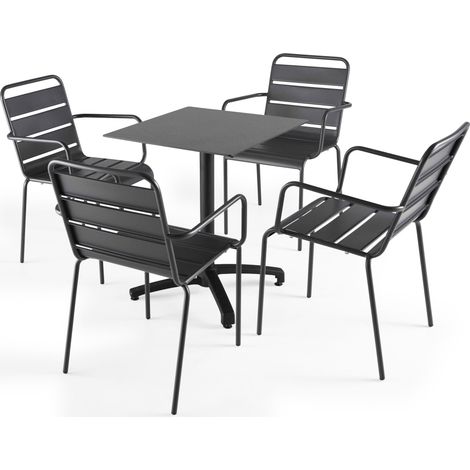 Ensemble table de terrasse stratifié ardoise gris et 4 fauteuils gris (1/5)