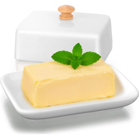 Beurrier Céramique avec Couvercle et Poignée, Beurrier Porcelaine pour 250 gr de Beurre Boîte à Beurre Hermétique pour Frigo, Lavable au Lave-Vaisselle, Micro-ondes, Blanc (1/5)