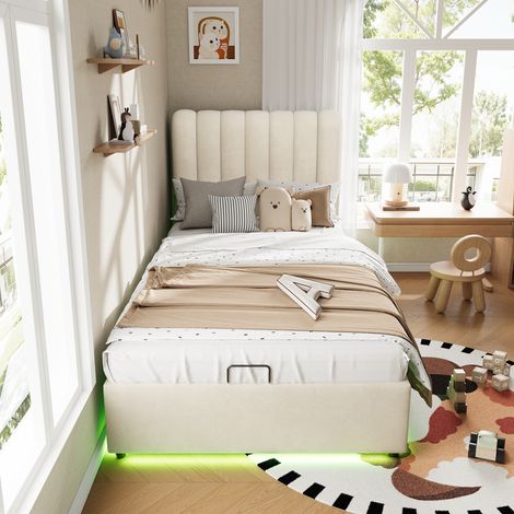 Lit enfant coffre 90x200 lit adulte capitonné - vérin hydraulique et led - tiroirs - velours - sans matelas - beige (1/5)