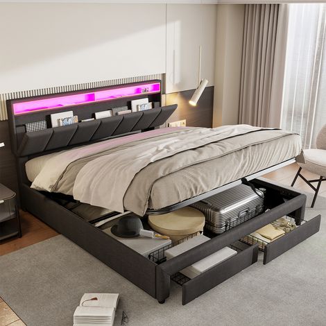 FOERPL-Gepolstertes Doppelbett 180 x 200 cm mit LED-Beleuchtung, Stauraumbett 180 x 200 cm mit 2 Schubladen, hydraulisches Bett mit offenen Regalen und Stauraum, 2-Personen-Bettgestell mit Lattenrost