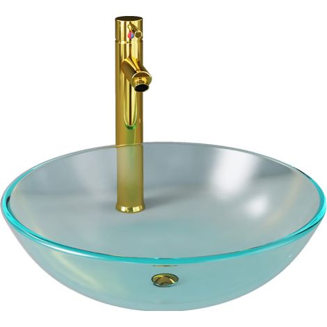 Lavabo de bain avec robinet et drain à poussoir vasque à poser de toilette lave-mains de salle de bain lavabo de salle d'eau diamètre 42 cm verre trempé