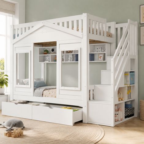 Lit mezzanine cabane 90x200cm enfant avec escalier de rangement, tiroir, sommier à lattes, bois blanc (1/5)